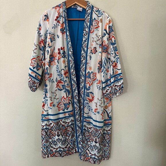 Chico's Tops - Chicos Kimono Topper Size 1 Blue Floral Duster Pockets Lined Boho Cottagecore